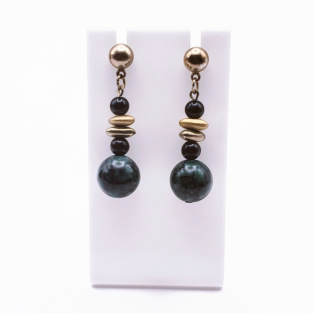 0051 Elegant Dark Green and Gold Faux Stone Dangly Earrings